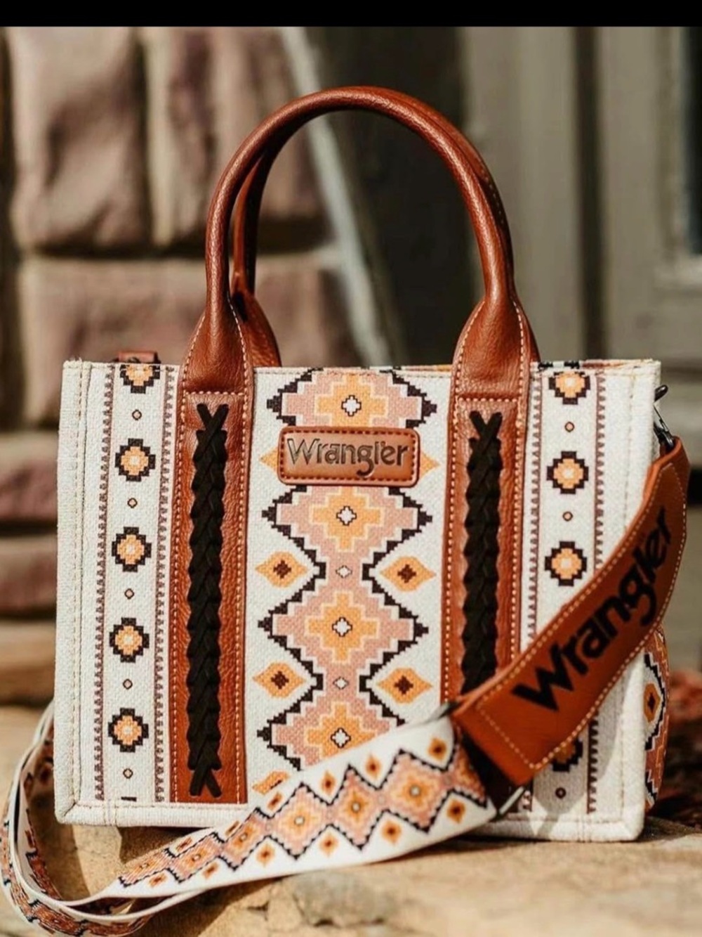 New Wrangler Cream & Brown Southwestern Pattern Tote